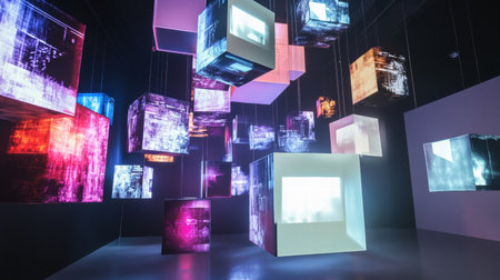 Cubes with captivating graphics and symbols suspended in a contemporary setting create a dynamic interplay of light and color.の素材
