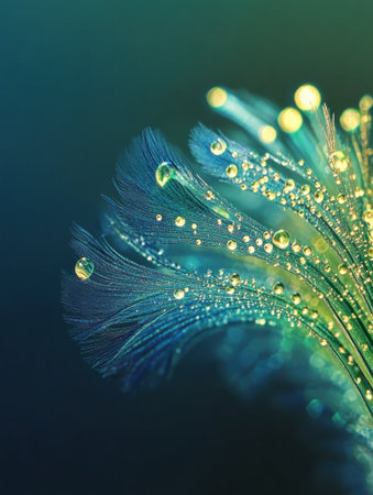 A vibrant peacock feather showcases delicate dew drops resting on its colorful strands, set against a soft blurred background perfect for text.の素材