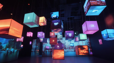 An immersive exhibit vibrant features floating cubes displaying abstract text, imagery, and video symbols, creating a captivating atmosphere.の素材