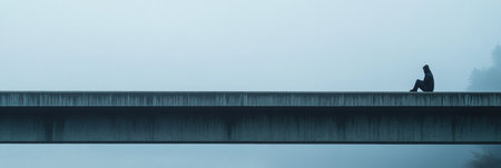 A solitary person sits quietly on the edge of a fog covered bridge, enveloped in a deep sense of reflection within the tranquil haze.の素材