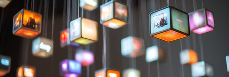 Suspended cubes display a blend of colorful imagery and text, enhancing the ambiance of a contemporary art location.の素材