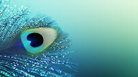 Dew drops shimmer on a peacock feather, showcasing its vibrant colors and patternsの素材