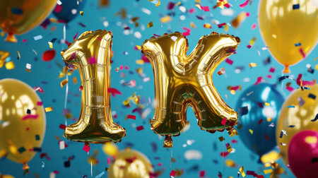 Gold foil balloons spelling 1K are surrounded by vibrant confetti, creating a celebratory atmosphere perfect for milestones and achievements.の素材