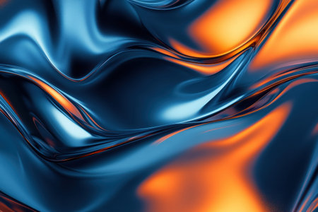 Dynamic curves of glossy material blend shades of deep blue and bright orange, creating an eye catching visual interplay of colors and textures.の素材