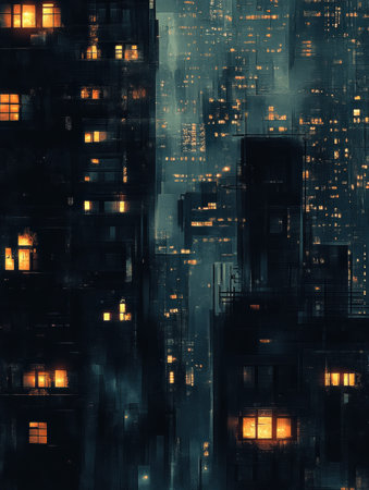 A dark city skyline at night with a few illuminated windows, hinting at late night activities and the pulse of urban living.の素材