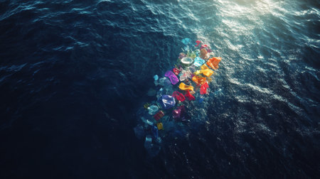 Bright plastic waste floats in a deep blue ocean, highlighting the urgent issue of marine pollution.の素材