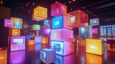 Colorful floating cubes showcase various abstract texts and symbols, illuminating a contemporary exhibition space filled with creativity.の素材