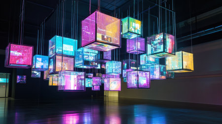 Suspended translucent cubes illuminate the space with vibrant colors, showing various multimedia symbols and text elements, inviting exploration.の素材