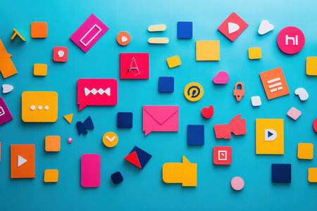 Brightly colored social media icons and shapes are arranged on a vibrant blue surface, illustrating digital interaction and engagement.の素材