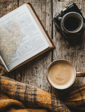 Warm coffee steams beside an open travel guide and a classic camera on a rustic wooden table, perfect for planning adventures.の素材