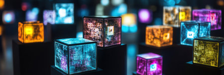 A mesmerizing arrangement of floating cubes featuring abstract text and symbols captivates viewers in an innovative exhibition setting.の素材