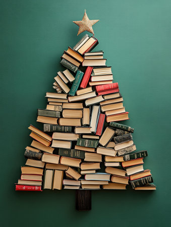 Unique Christmas tree constructed from various stacked books, showcasing a creative approach to holiday decoration against a green backdrop.の素材