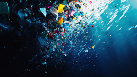 Colorful plastic waste rests on the surface of a deep blue ocean, showing the alarming issue of pollution affecting marine ecosystems.の素材