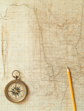 A vintage map lays flat next to a compass and a pencil, inviting exploration and adventure through uncharted territories and old routes.の素材