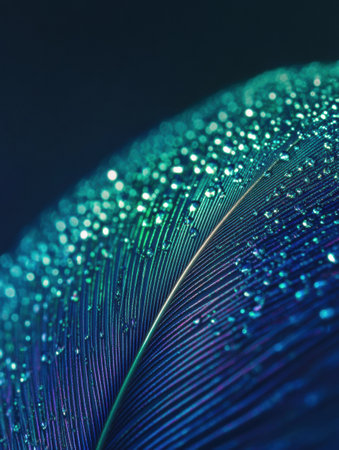 This close up captures a peacock feather glistening with delicate dew drops, emphasizing its vibrant hues and intricate details in a calm setting.の素材
