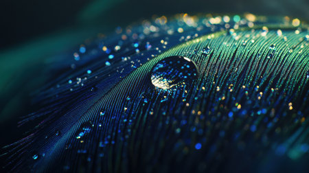 A vibrant peacock feather captures dew drops, reflecting light in a serene natural environment, inviting creativity and inspiration.の素材
