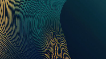 Vibrant abstract design showcases flowing lines reminiscent of a peacock feather, providing ample copy space for creative text placement.の素材
