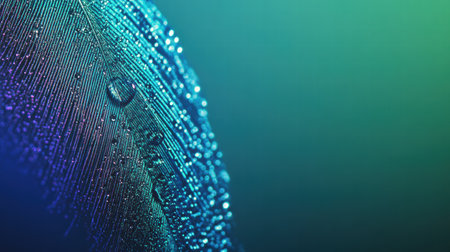 A colorful peacock feather glistens with dew drops, showcasing its intricate details against a soft gradient background, perfect for text placement.の素材