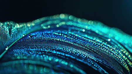 Delicate peacock feather glistens with dew drops, capturing light in a colorful display, perfect for design mock ups or artistic creations.の素材