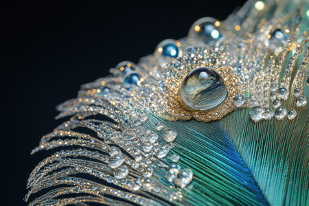 Dew drops delicately rest on a peacock feathers vibrant fibers, capturing natures beauty in intricate detail, perfect for mock up designs.の素材