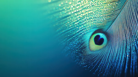 Dew drops glisten on a vibrant peacock feather, showing intricate details and providing an elegant backdrop for text or designs.の素材