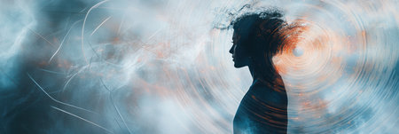 A human silhouette stands amid a swirling mix of lines and spirals, symbolizing feelings of loneliness and isolation in a complex world.の素材