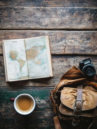 A cup of coffee sits next to an open travel guide and a camera on a rustic wooden table, creating a warm atmosphere for planning journeys.の素材