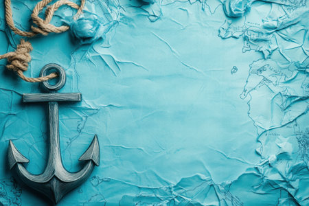 A rustic anchor rests on a textured nautical map, surrounded by soft twine, providing space for adventure themed text or designs.の素材