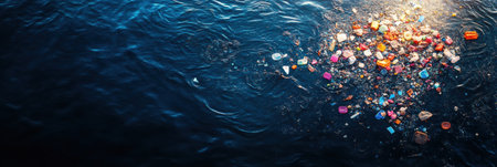 Colorful plastic waste floats on a deep blue ocean, showing the serious threat of pollution to marine ecosystems.の素材