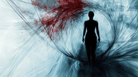 A human silhouette stands amidst a whirlwind of abstract lines and colors, vividly expressing emotions of loneliness and disconnection.の素材