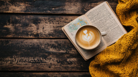 A warm cup of coffee sits next to an open travel guide, alongside a soft, yellow knit blanket on a rustic wooden table, inviting exploration.の素材