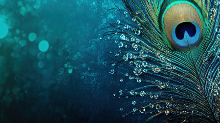 A colorful peacock feather glistens with dew drops, showcasing intricate details against a softly blurred backdrop, perfect for text placement.の素材