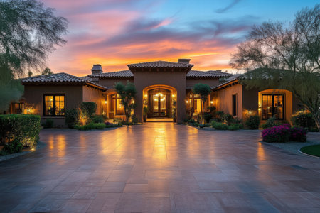 Beautiful luxury mansion showcases exquisite architecture and stunning sunset lighting, surrounded by lush gardens and vibrant landscaping.の素材