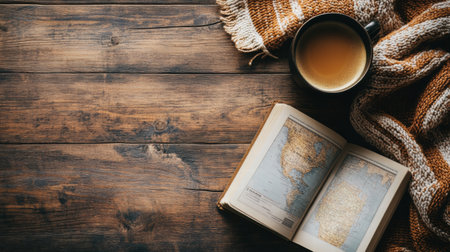 A warm cup of coffee sits beside an open travel guide on a rustic wooden surface, perfect for planning an exciting trip ahead.の素材