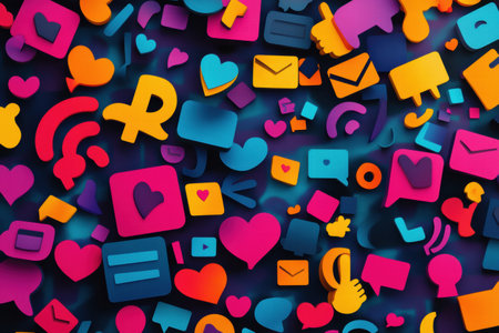 A vivid array of social media icons bursts with color, symbolizing modern communication and digital interaction in popular culture today.の素材