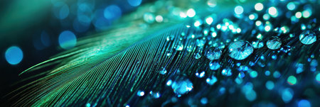 A peacock feather displays a stunning array of colors, each droplet of dew capturing light, offering space for text or design.の素材