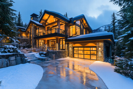 A grand mansion surrounded by snow laden trees glows warmly at dusk, showing its elegant architecture and inviting ambiance.の素材