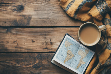 A warm cup of coffee sits beside an open travel guide on a rustic wooden table, inviting exploration and adventure in a cozy setting.の素材