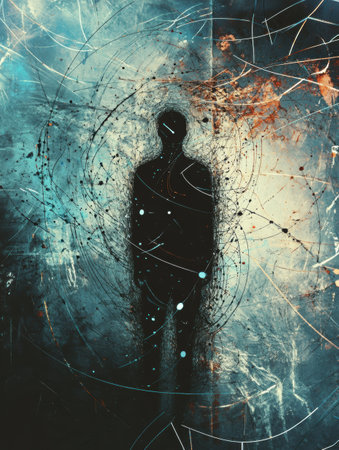 A human silhouette stands in the center, surrounded by a chaotic swirl of lines and colors that evoke emotions of loneliness and isolation.の素材