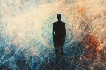 A human silhouette stands alone, enveloped by an abstract whirlwind of lines and dots, reflecting deep feelings of loneliness and isolation.の素材