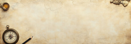 A vintage map accompanied by a compass and pencil, creating a perfect setup for planning adventures and exploration activities.の素材