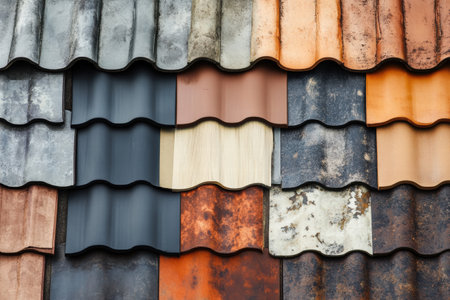 Different types of roof coverings are arranged side by side, highlighting the variety of colors, finishes, and materials used in roofing design.の素材