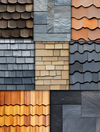 This collection displays a diverse range of roofing materials featuring various textures, colors, and styles suitable for homes.の素材