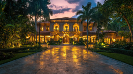 This elegant mansion showcases stunning architecture and warm lighting, surrounded by lush greenery and palm trees, exuding a tranquil atmosphere.の素材