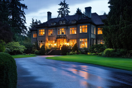 Magnificent mansion glows warmly as dusk settles, showing elegant architecture and beautifully landscaped grounds in a peaceful environment.の素材