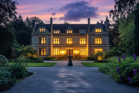Elegant mansion glows with warm light at twilight, nestled in a beautifully landscaped garden with colorful flowers and a gravel path.の素材