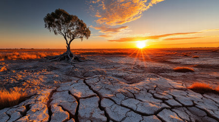 A vibrant sunset illuminates a cracked dry lakebed, highlighting a solitary tree and the surrounding arid landscape filled with grass.の素材