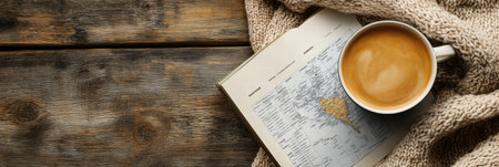 A warm cup of coffee sits beside an open travel guide on a textured wooden table, inviting exploration of new destinations on a quiet day.の素材