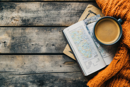A serene setting shows a warm cup of coffee next to an open travel guide on a rustic wooden table, inviting exploration and adventure.の素材