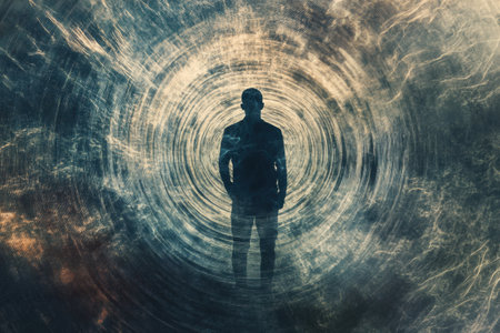 A human silhouette stands still amid an abstract whirlwind of lines, dots, and spirals, illustrating the feelings of loneliness and emptiness.の素材